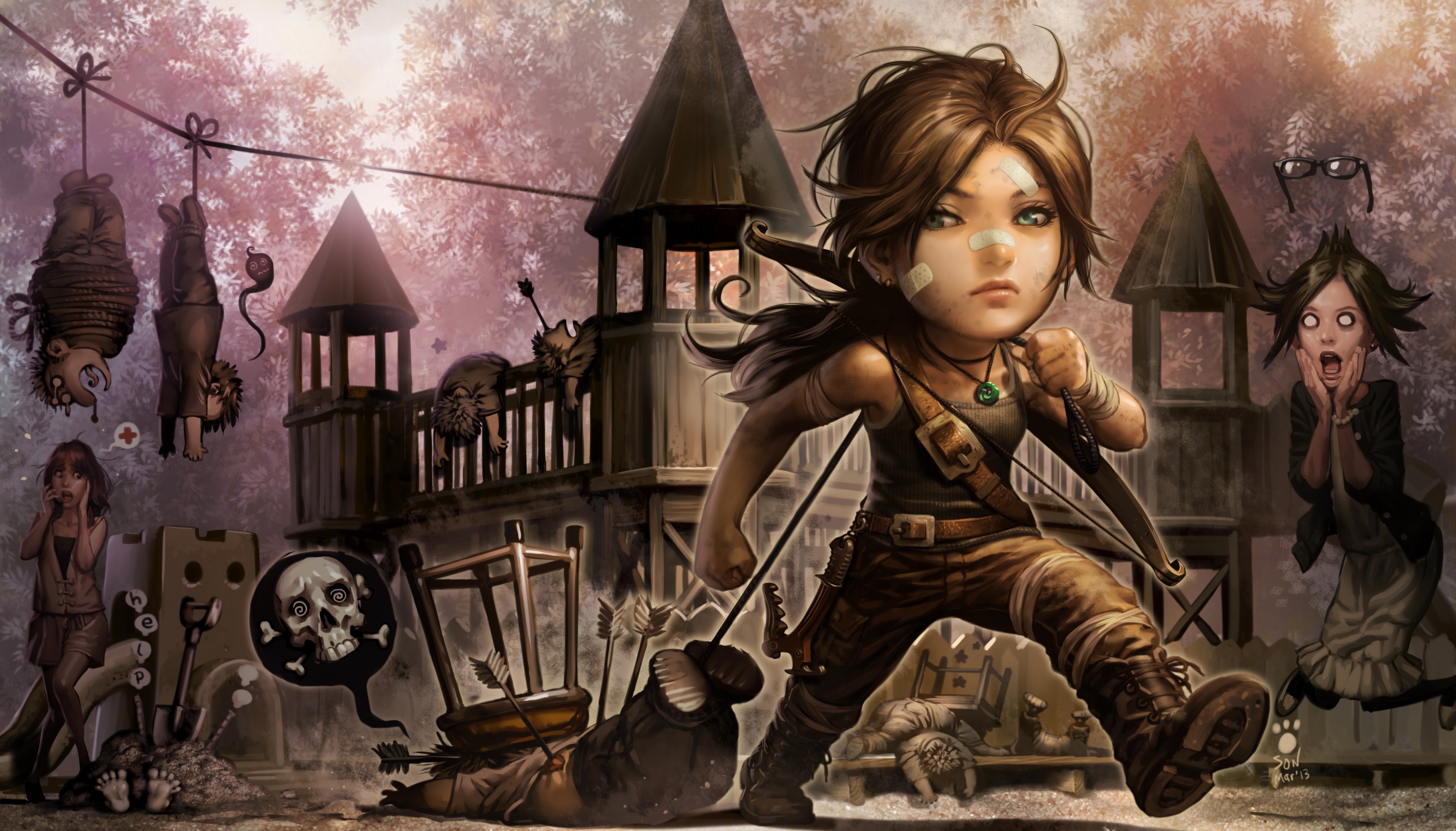 Lara Croft in a surreal, dark playground scene HD Wallpaper