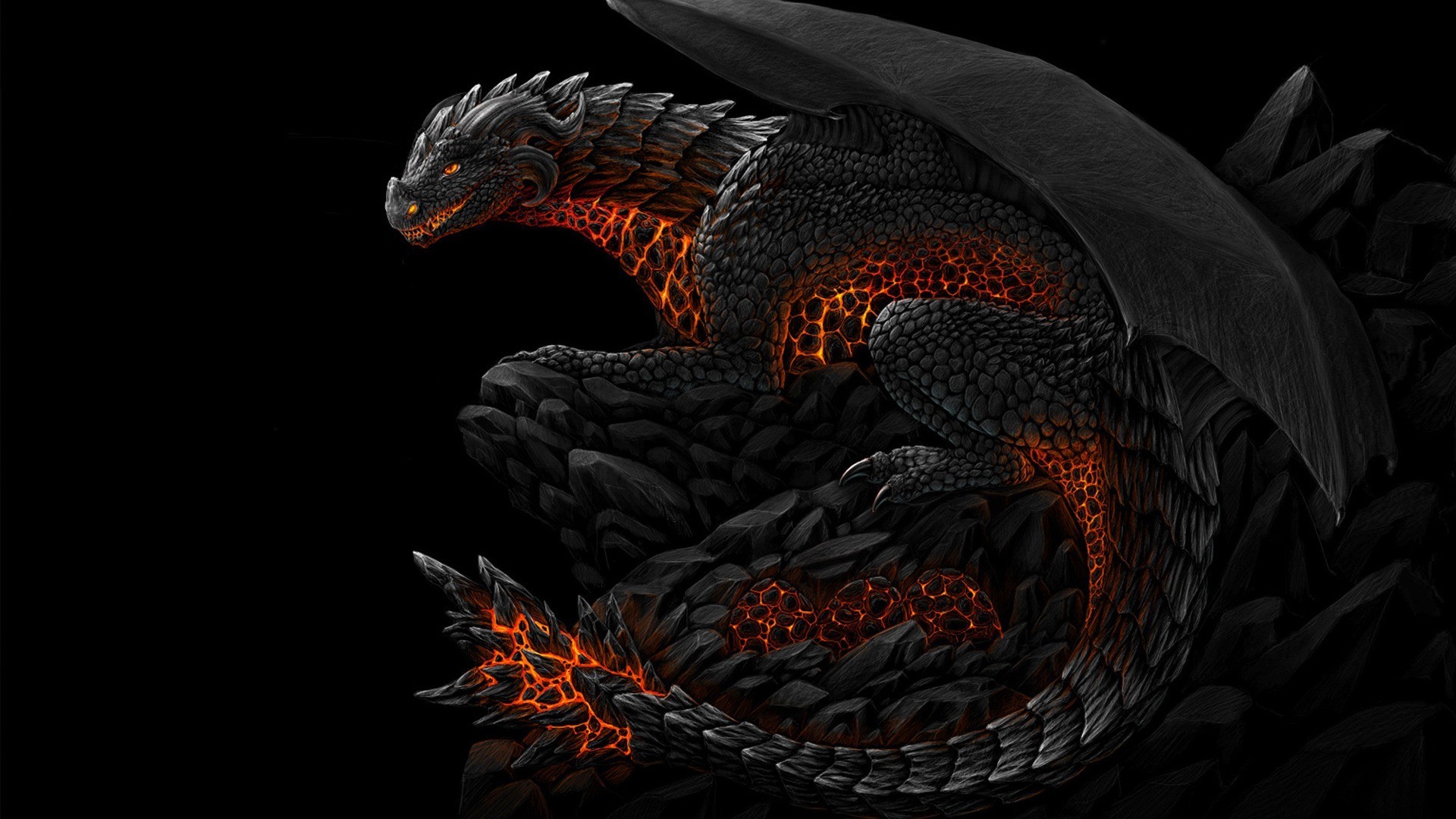 A black dragon with glowing orange cracks sits on rocks HD Wallpaper