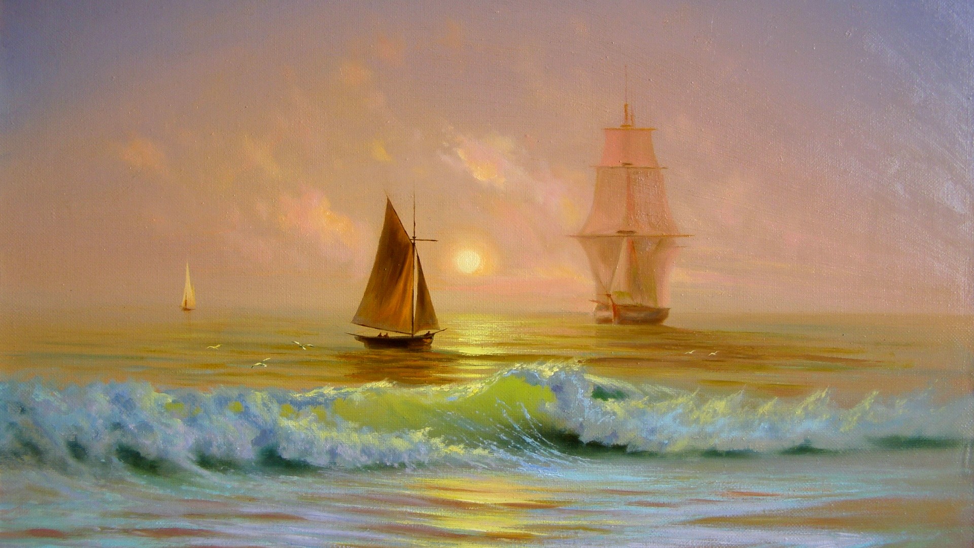Painting of ships sailing on the sea at sunset with waves HD Wallpaper