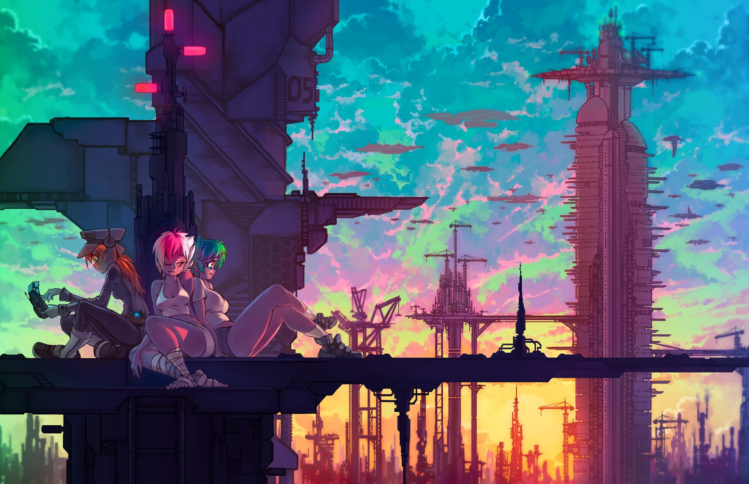 Anime girls on a futuristic city platform at sunset HD Wallpaper