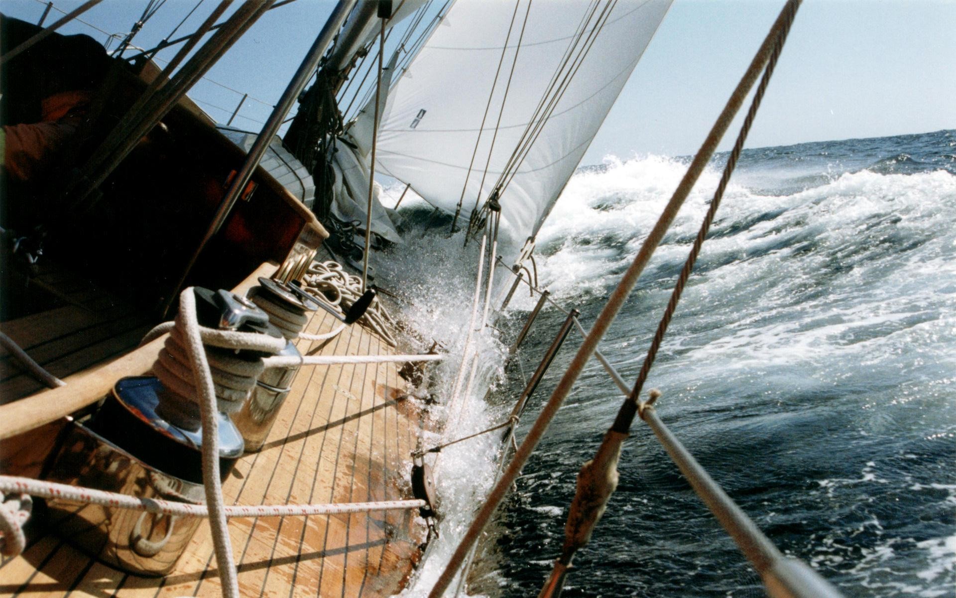 Sailing ship on rough seas with large waves HD Wallpaper