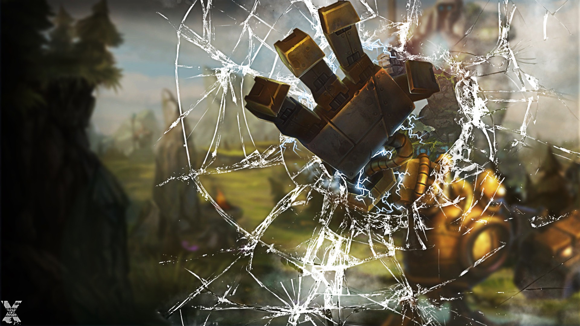 Blitzcrank's hand breaking through a cracked screen HD Wallpaper