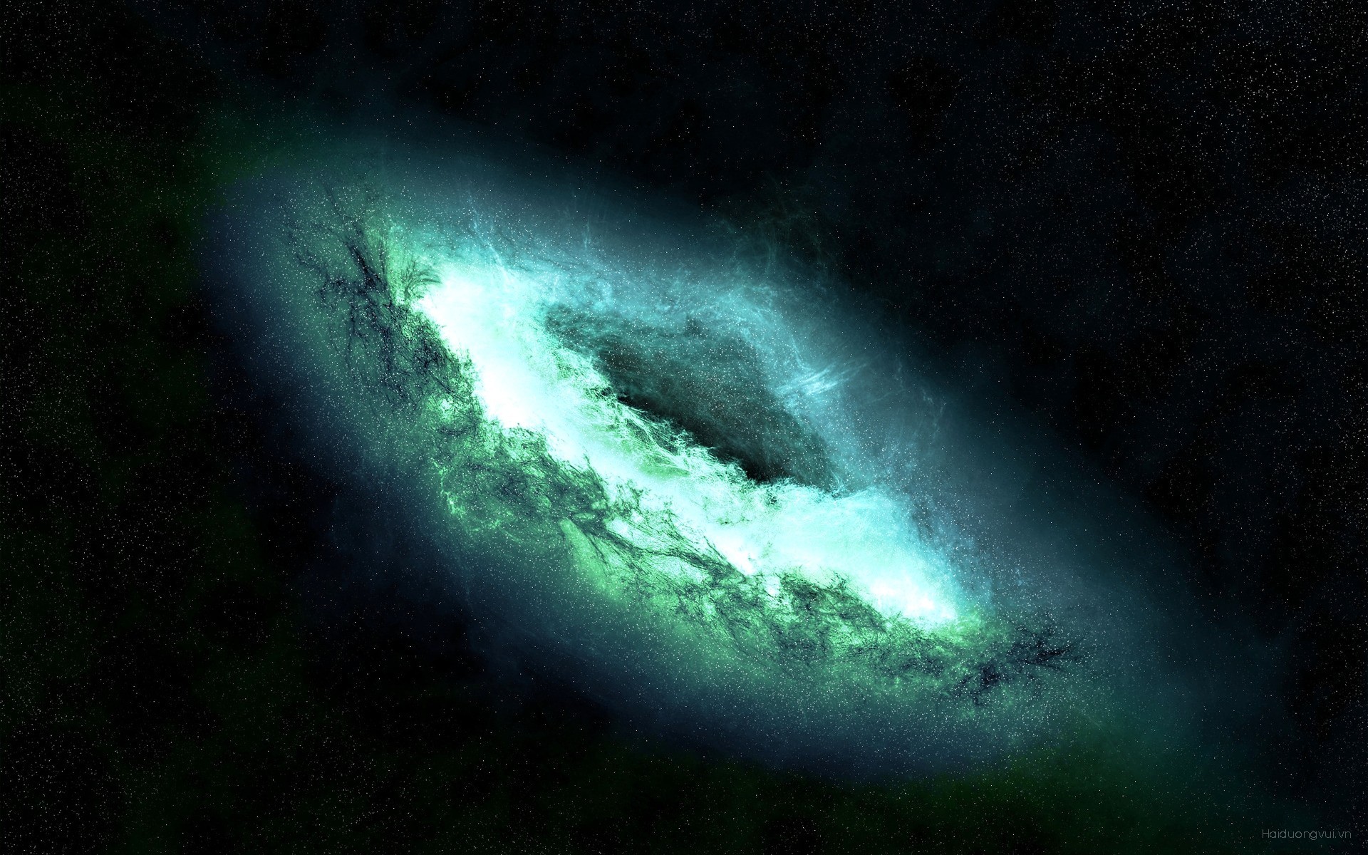 Glowing green and blue galaxy in deep space HD Wallpaper