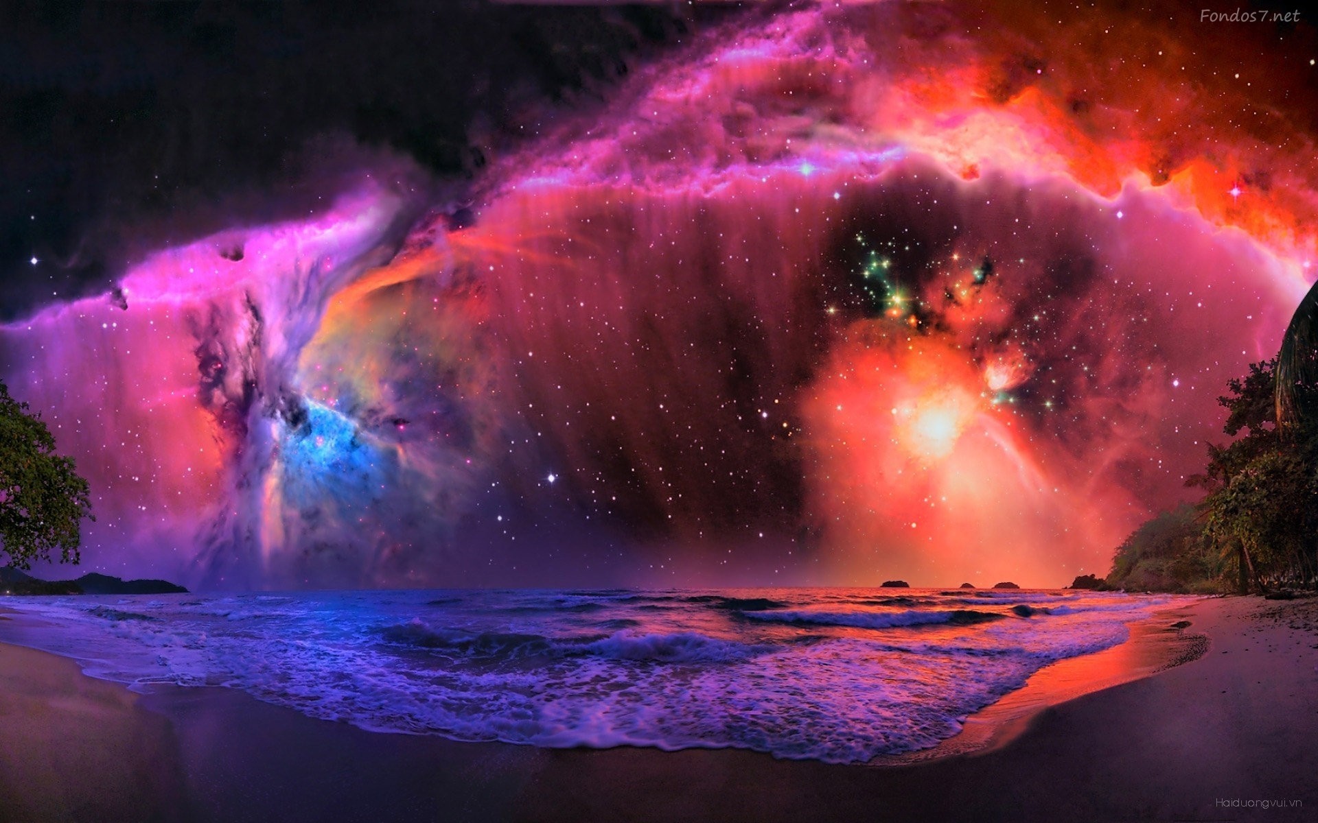 Digital art of a beach under a colorful nebula HD Wallpaper