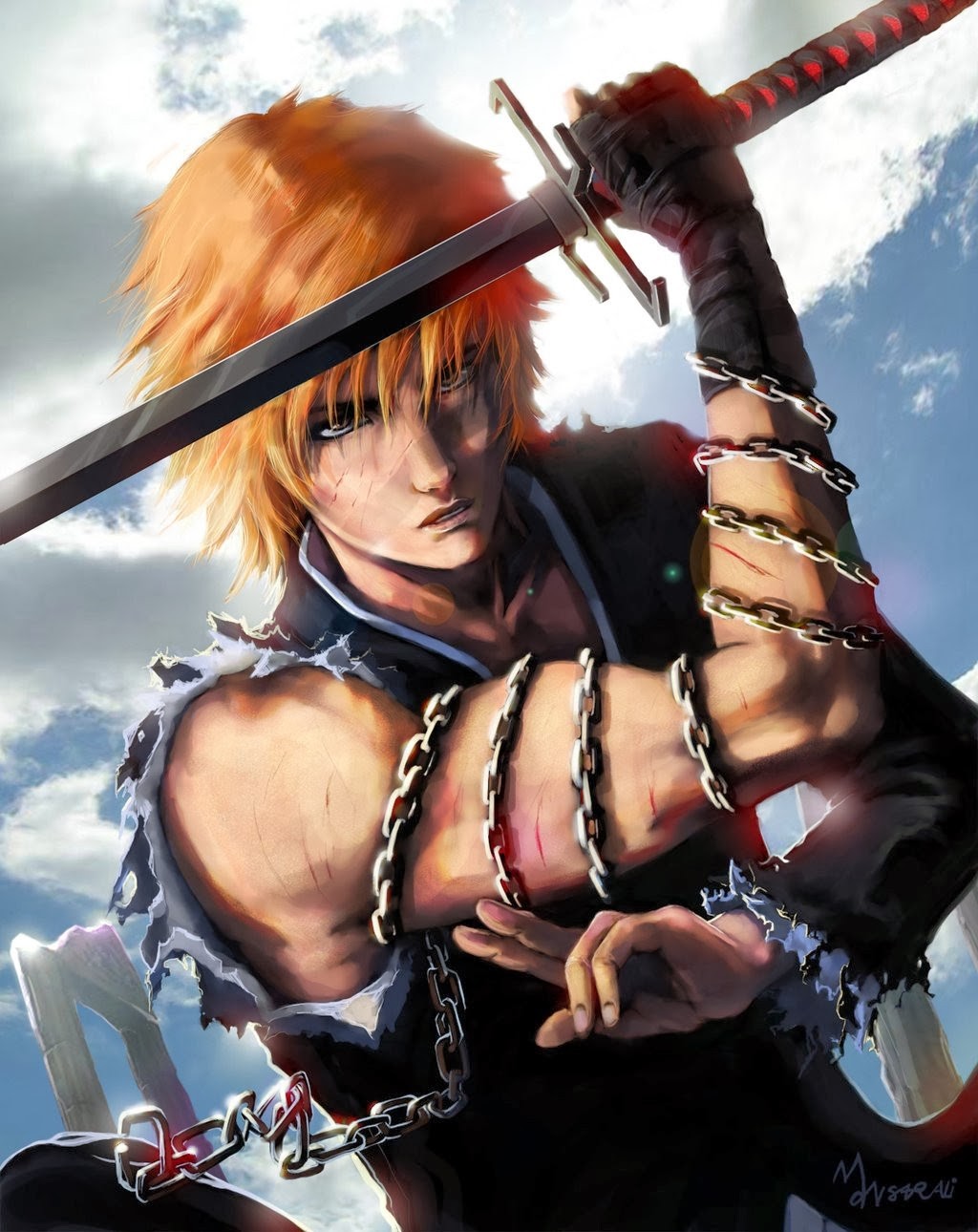 Kurosaki Ichigo from Bleach with sword and chains HD Wallpaper
