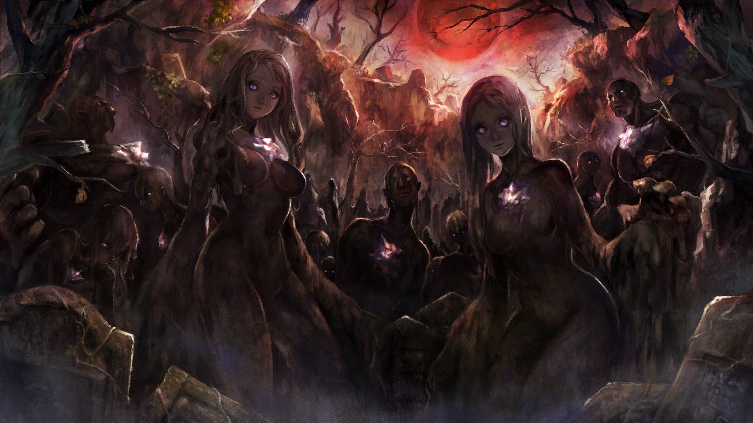 Fantasy art of anime girls in a dark forest HD Wallpaper