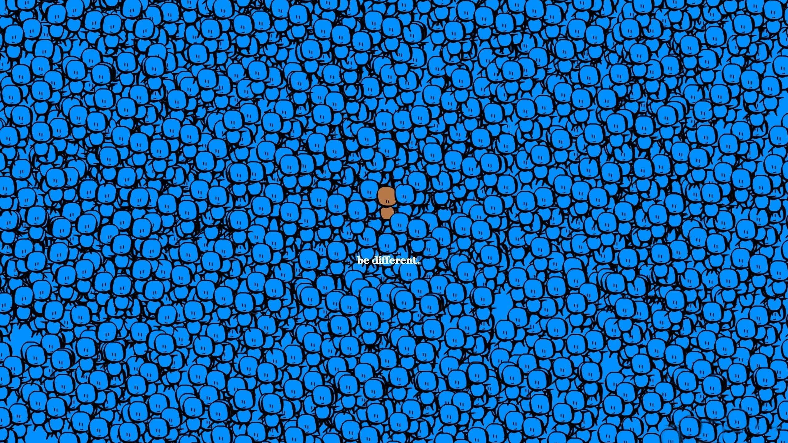 A brown figure stands out among many blue figures. HD Wallpaper