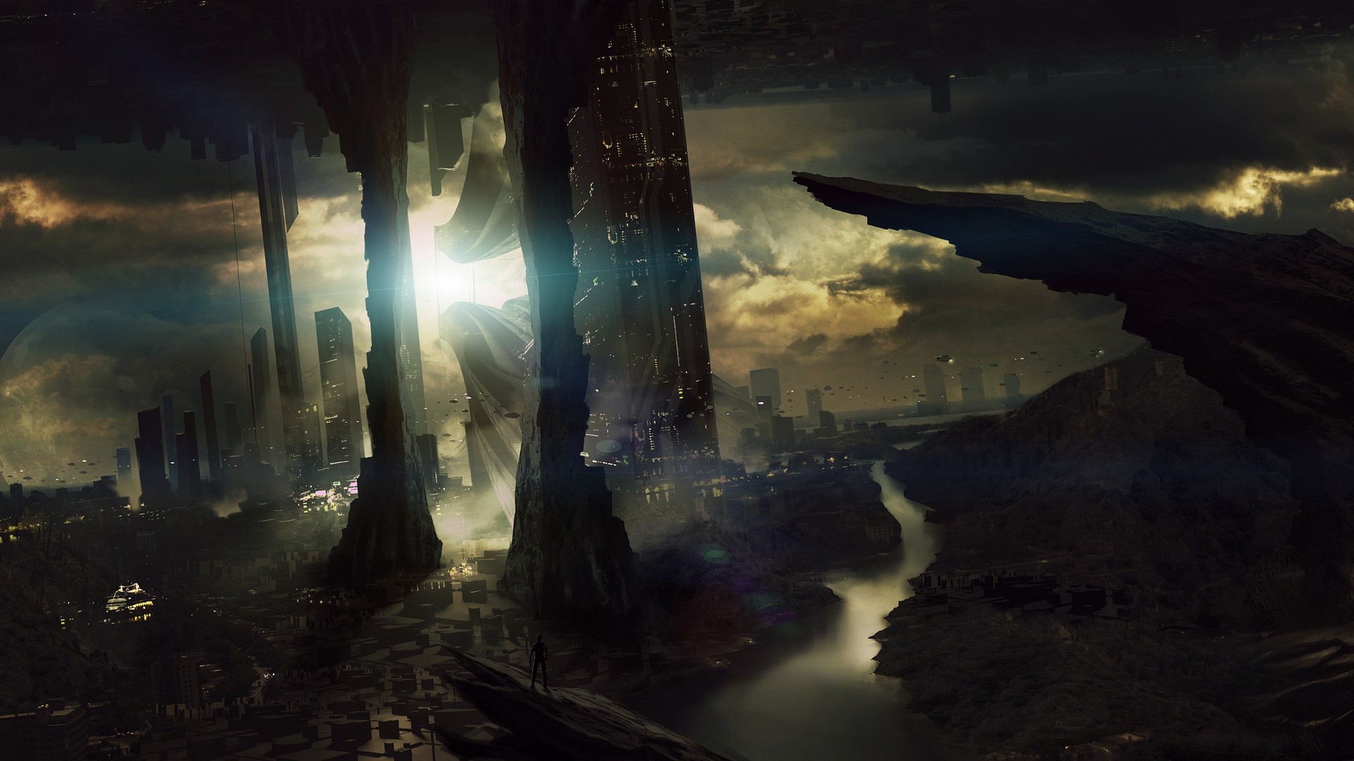 Futuristic city with towering skyscrapers and a river HD Wallpaper