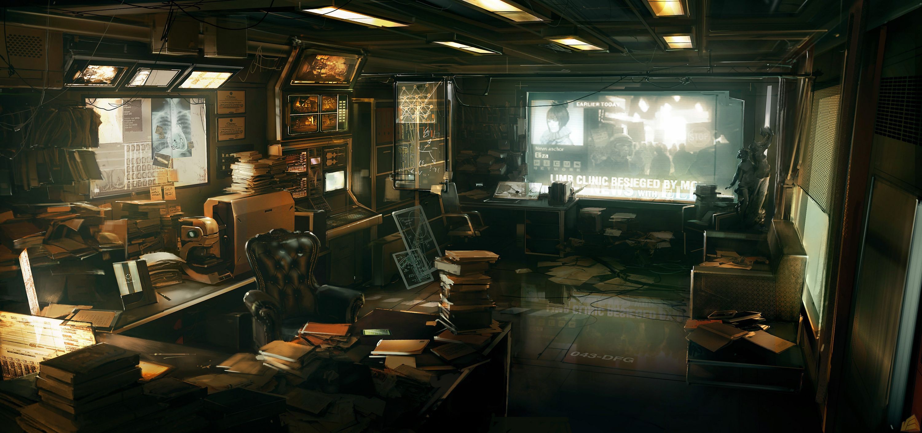 Deus Ex: Human Revolution cyberpunk office concept art HD Wallpaper
