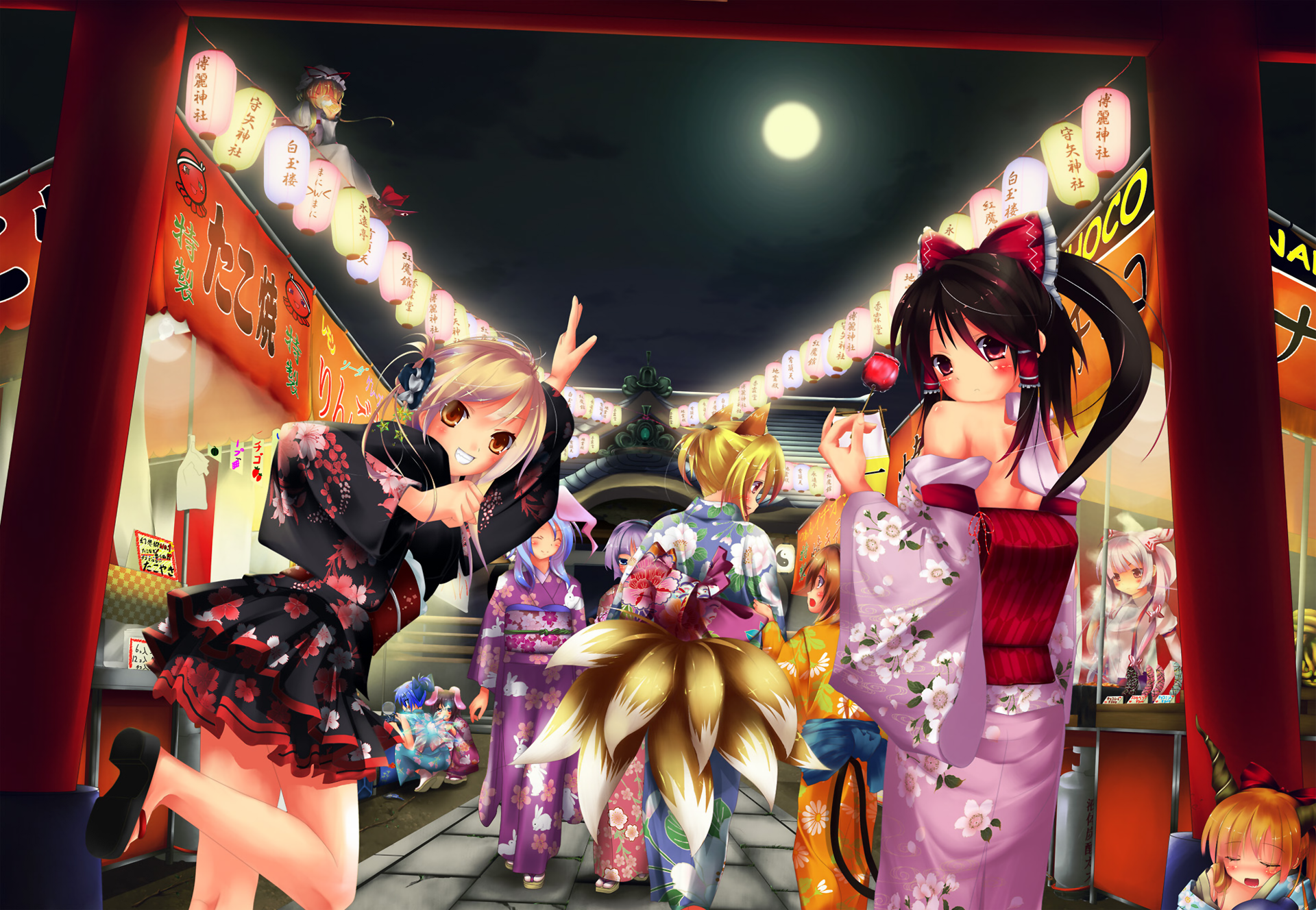 Anime girls in kimonos at a Japanese festival HD Wallpaper