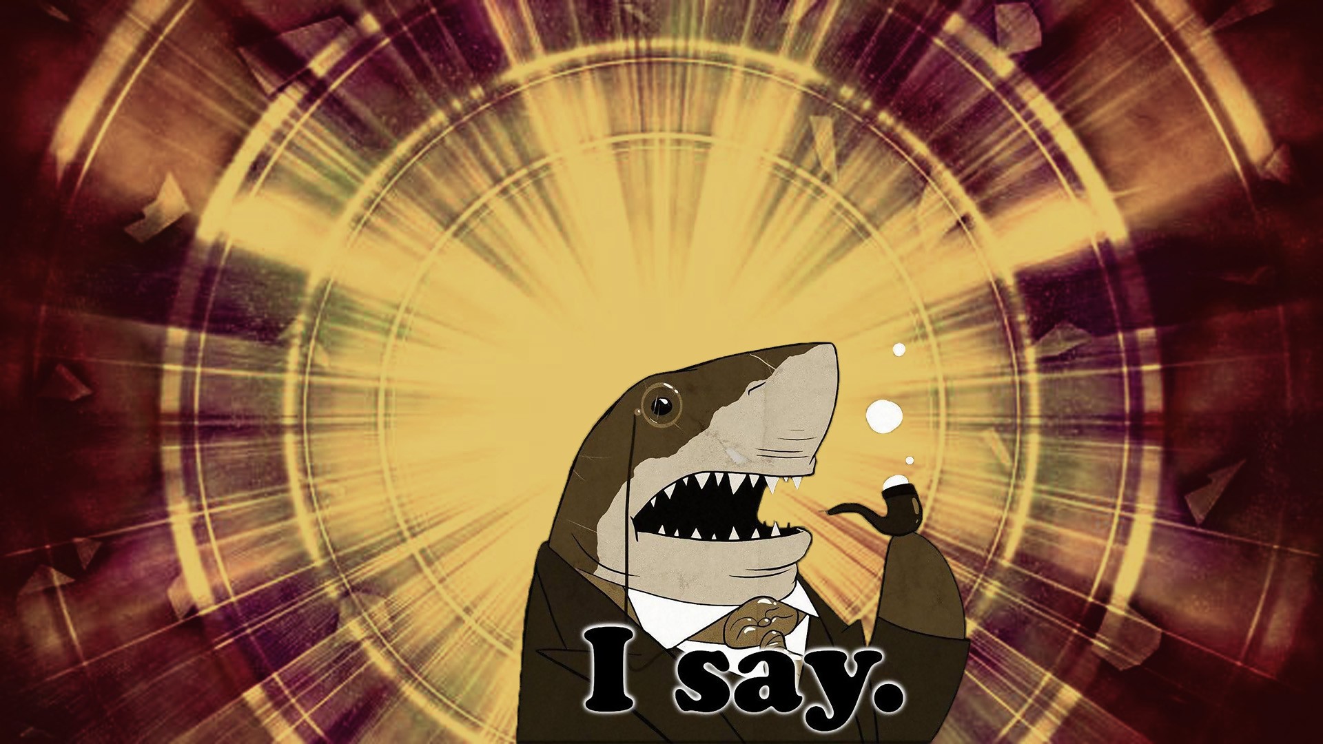 Shark wearing a suit and monocle says "I say." HD Wallpaper