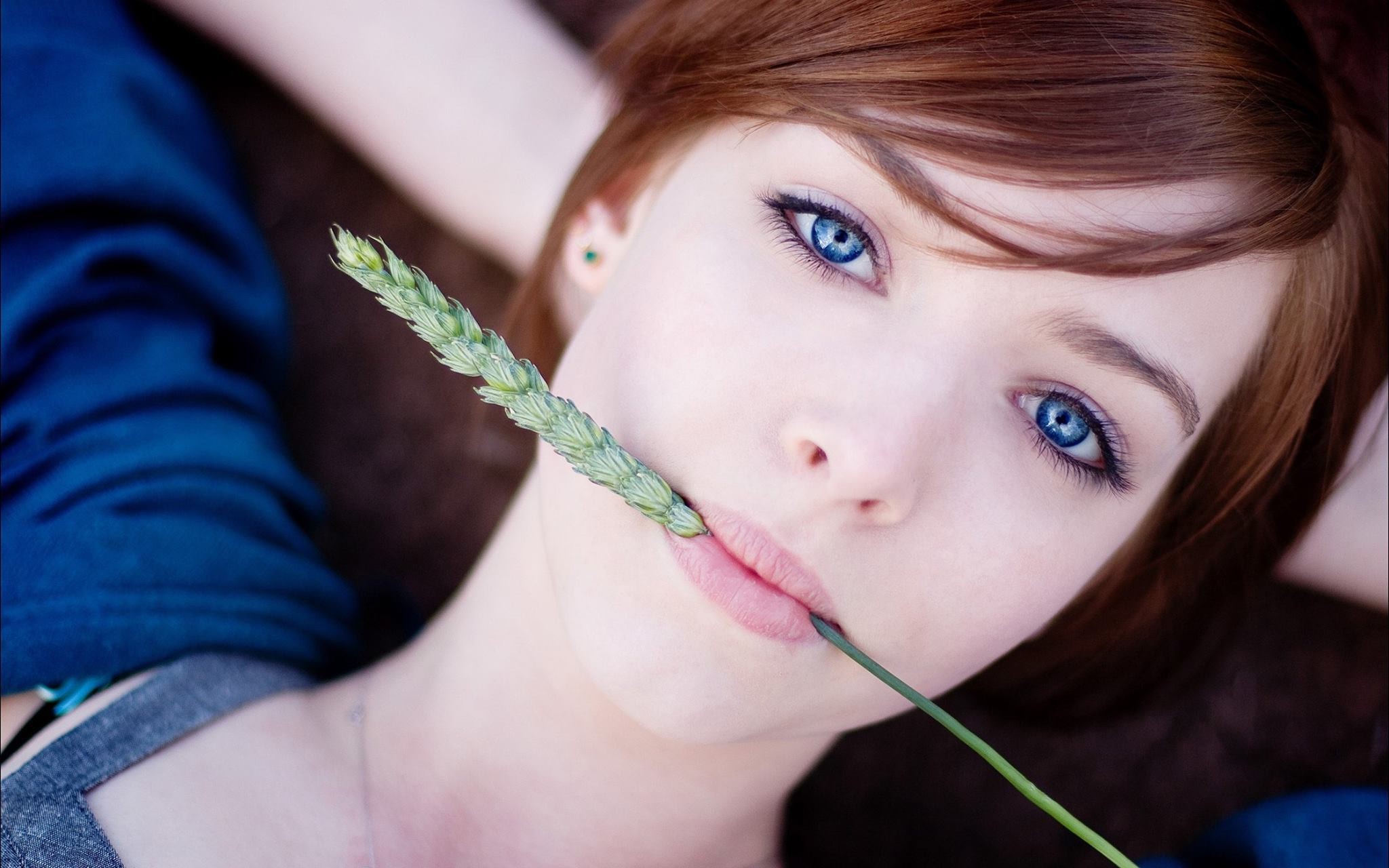 Woman with blue eyes holding a wheat stalk HD Wallpaper