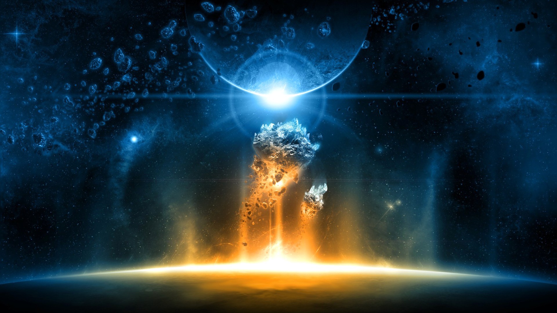 Asteroid impact on a planet in space HD Wallpaper