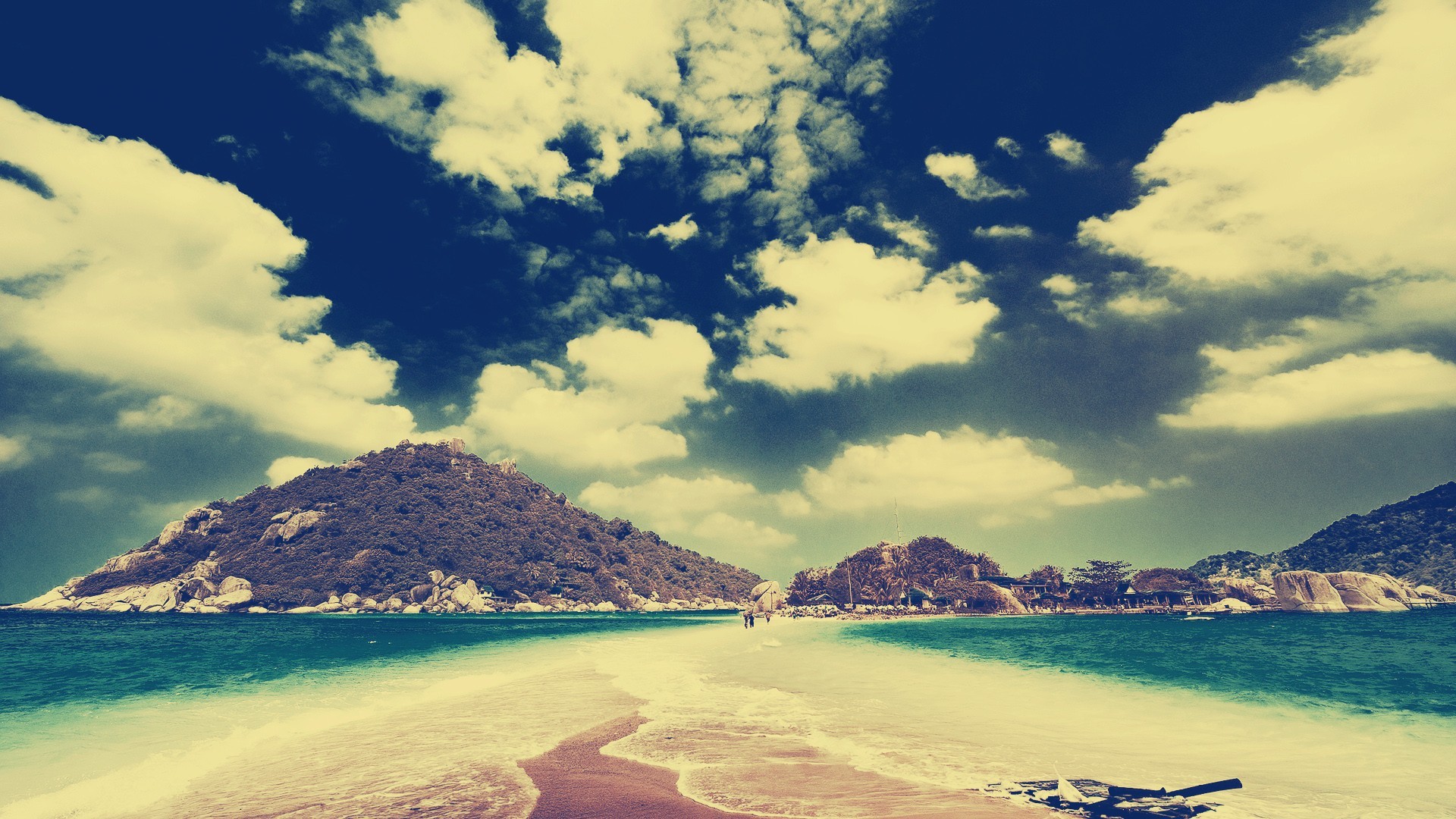 Tropical island with mountains and sea under cloudy sky HD Wallpaper
