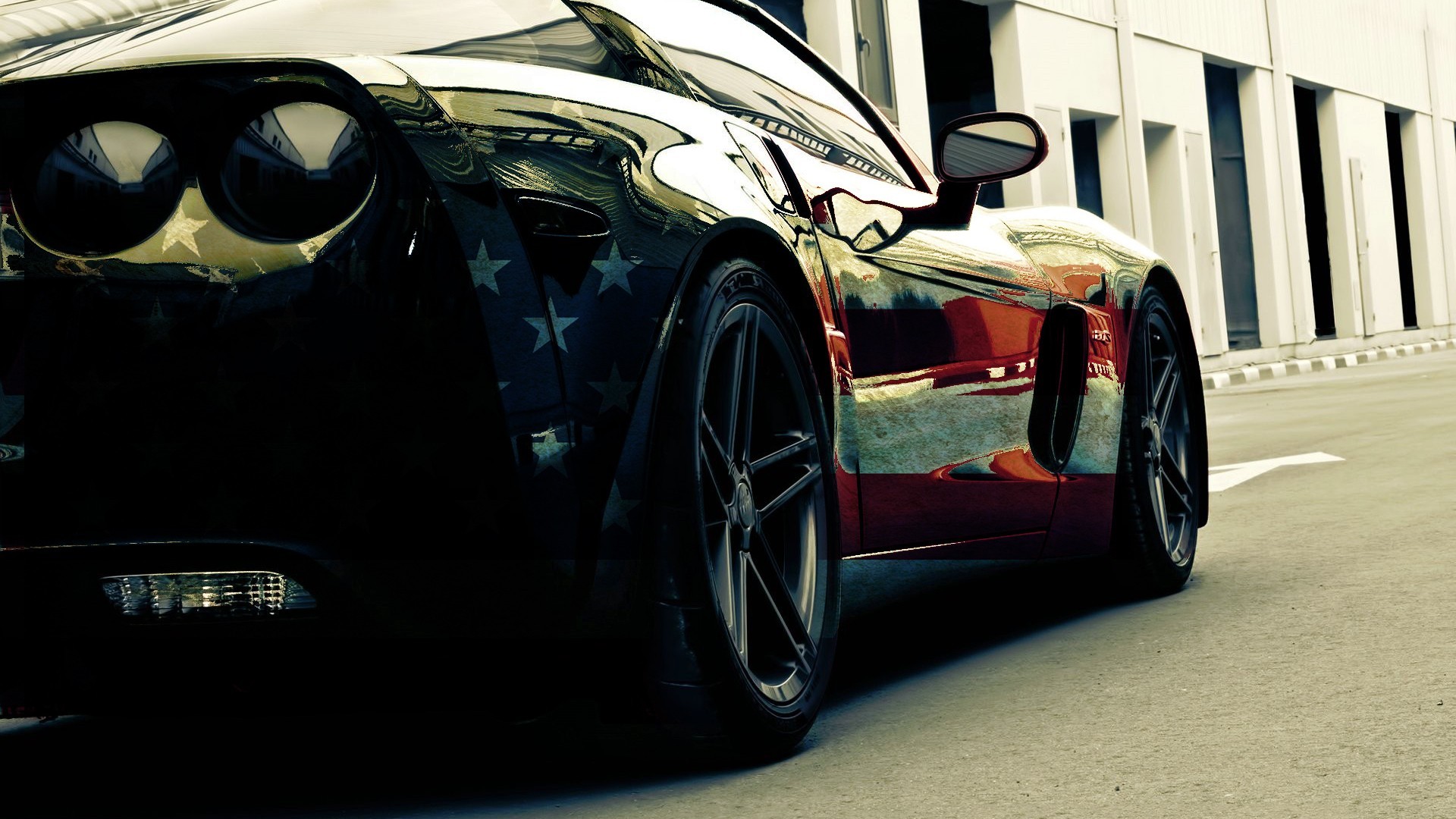 Black Chevrolet Corvette with American Flag Stars HD Wallpaper