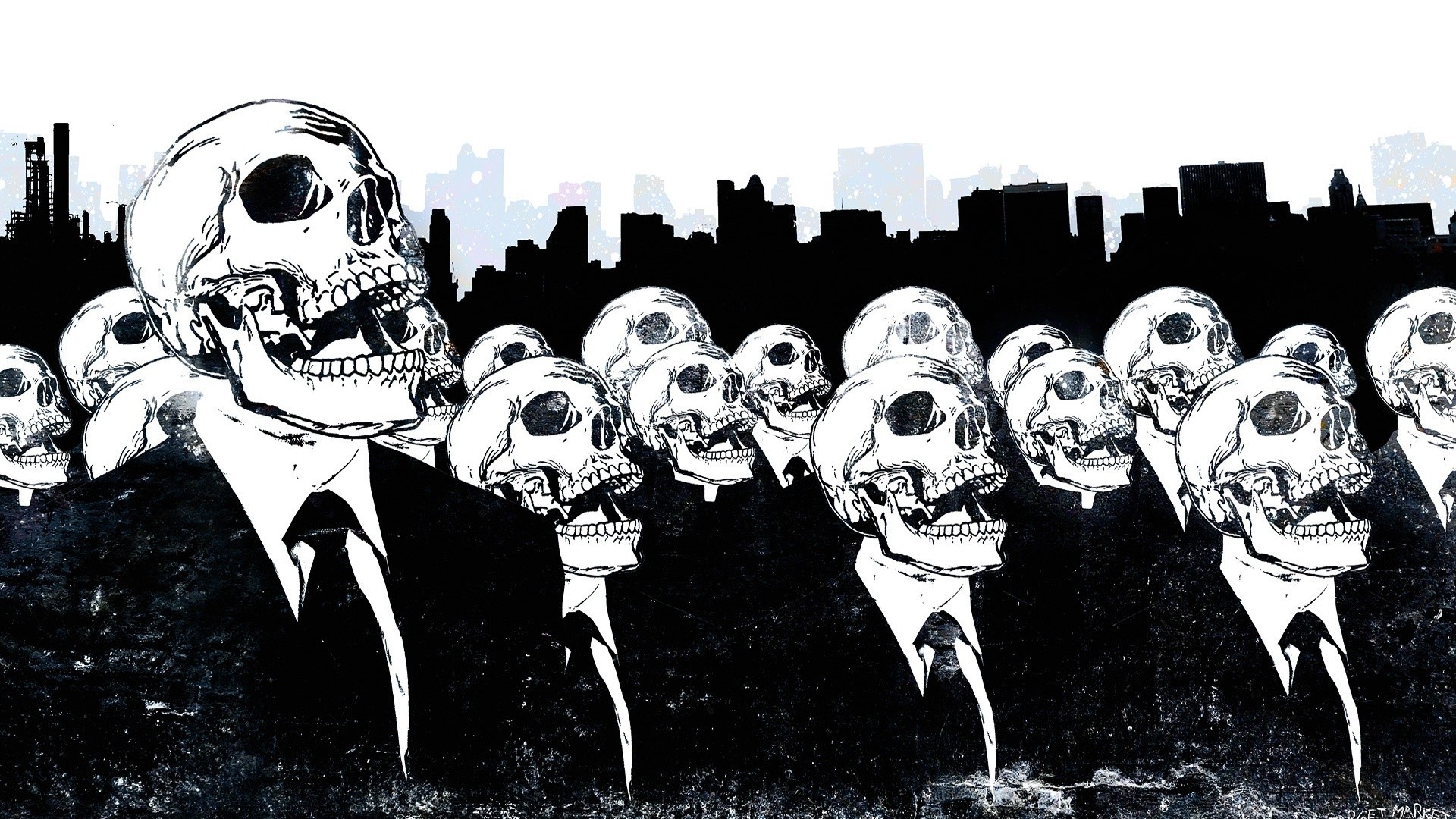 Alex Cherry artwork of skeletons in suits with a city skyline HD Wallpaper