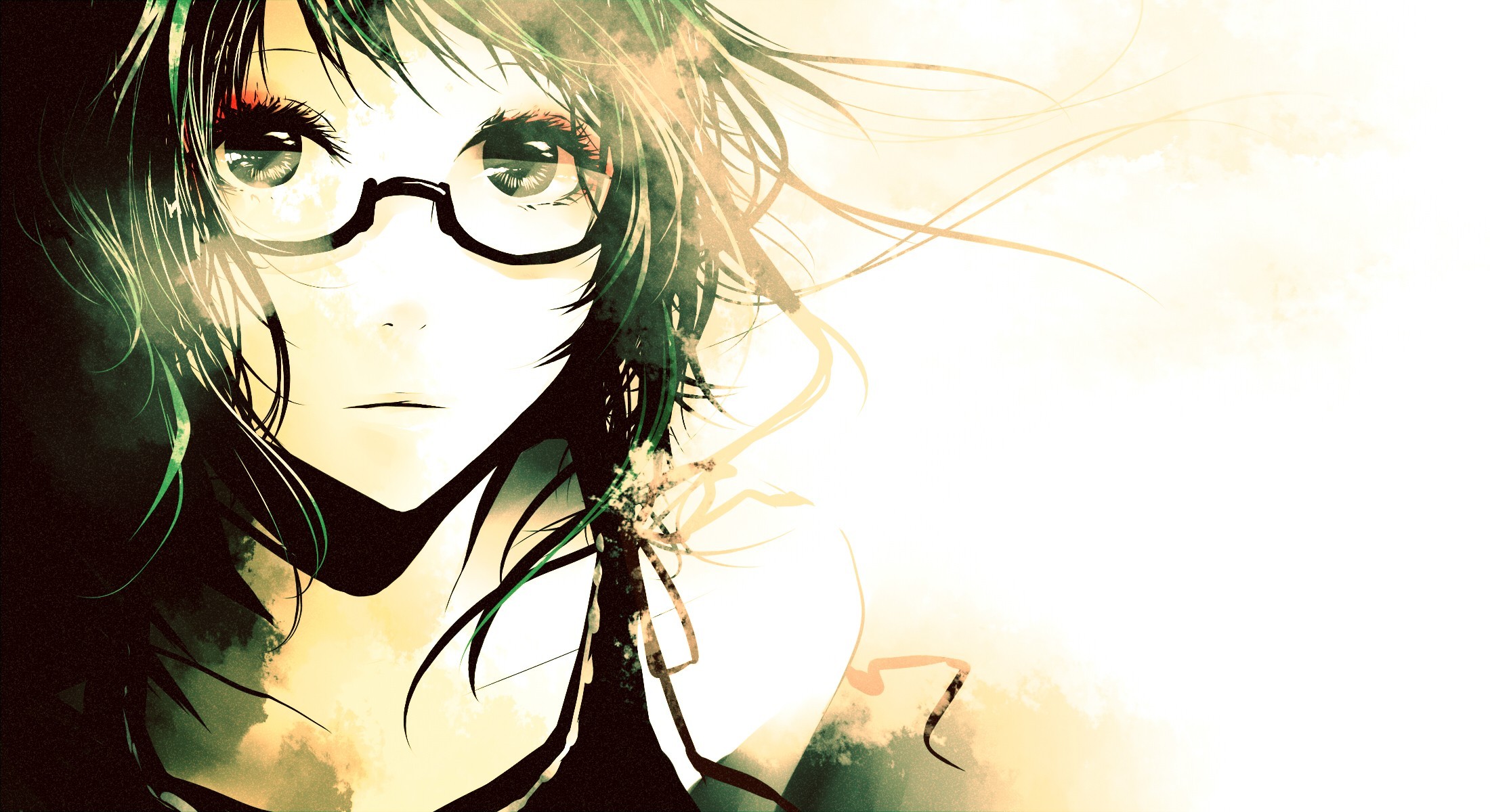 Anime girl with glasses, green hair, looking forward HD Wallpaper