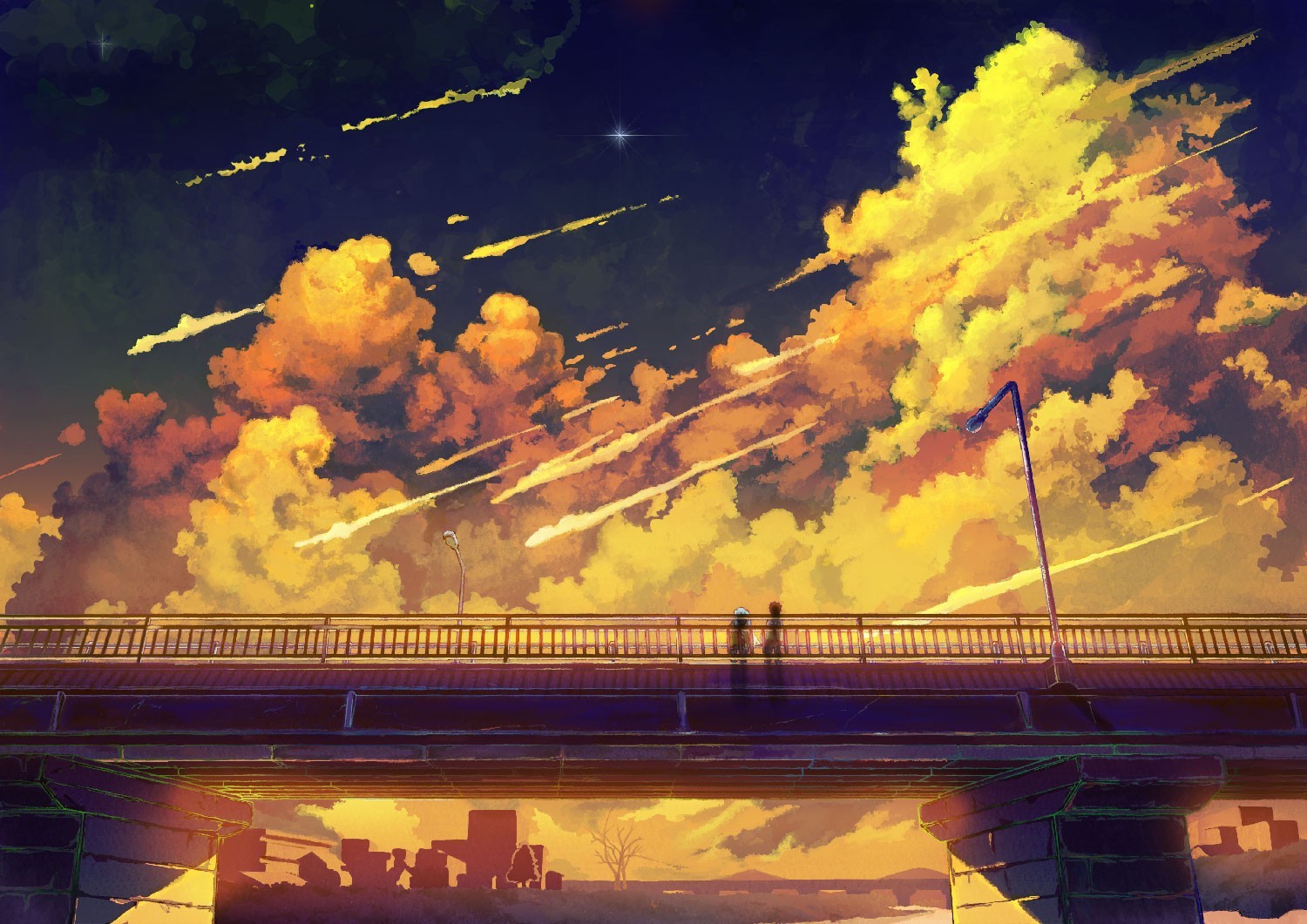 Anime couple on a bridge at sunset with meteor shower HD Wallpaper
