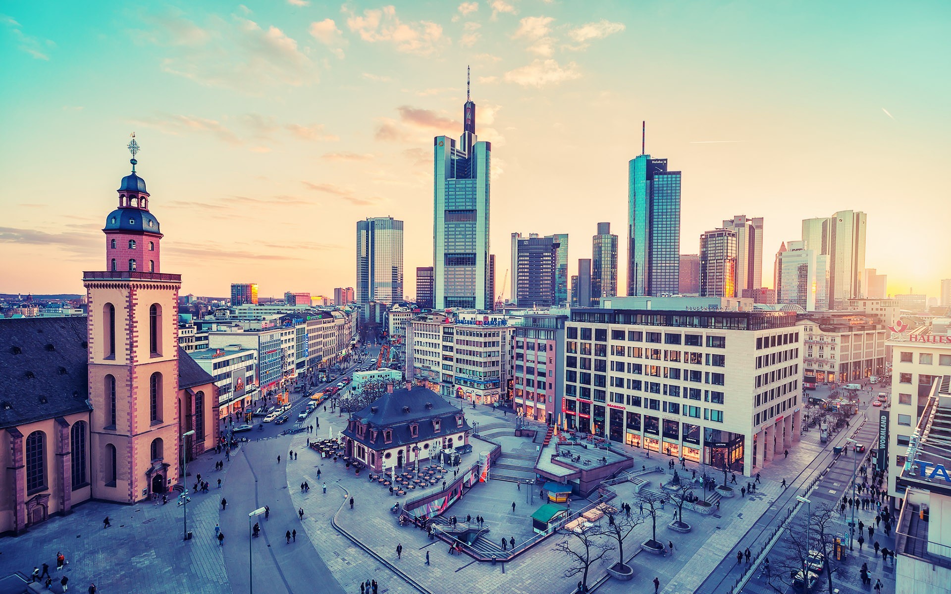 Frankfurt cityscape with church and skyscrapers at sunset HD Wallpaper