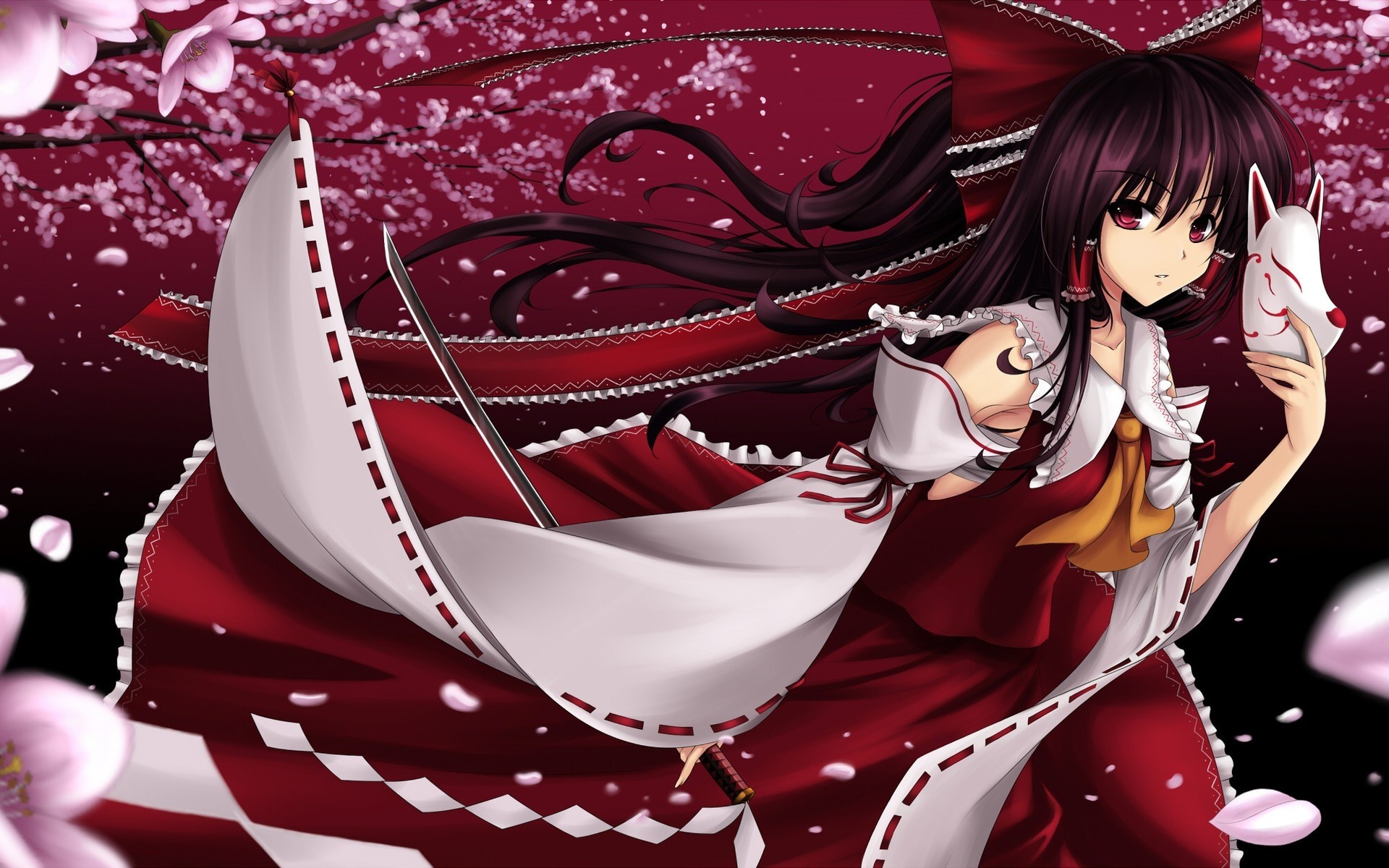 Hakurei Reimu holding a mask with cherry blossoms HD Wallpaper