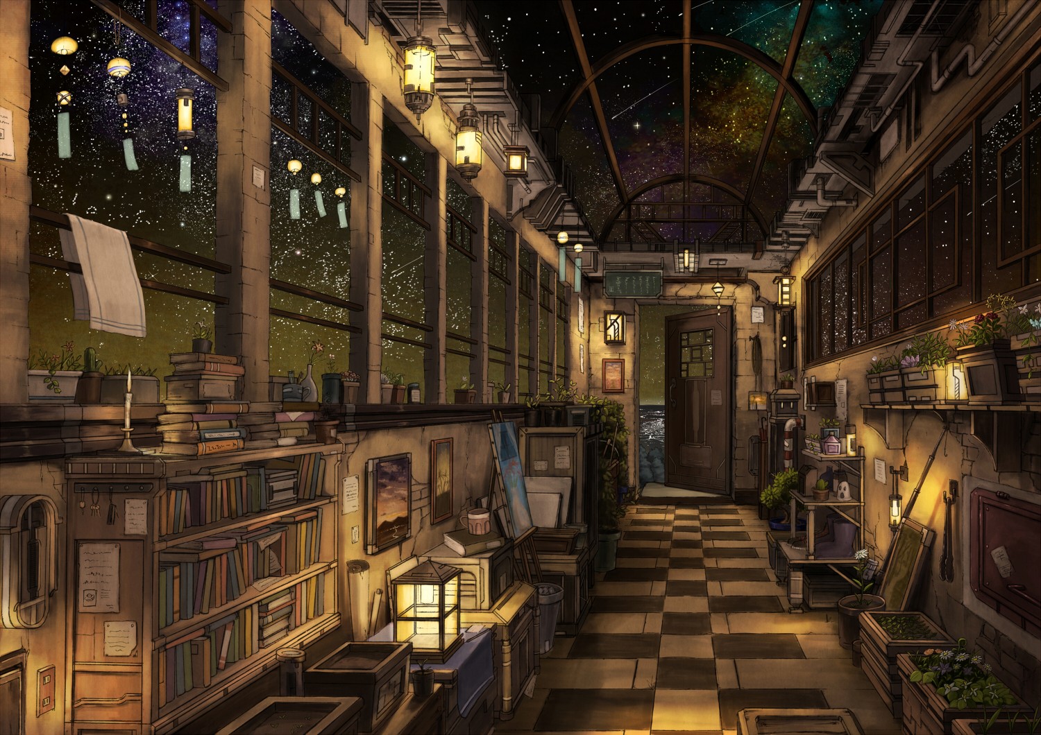 Anime room with a starry night sky view HD Wallpaper