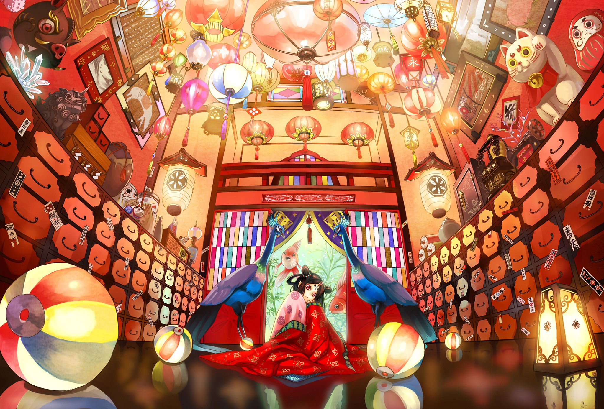 Anime girl in a room filled with lanterns and peacocks HD Wallpaper