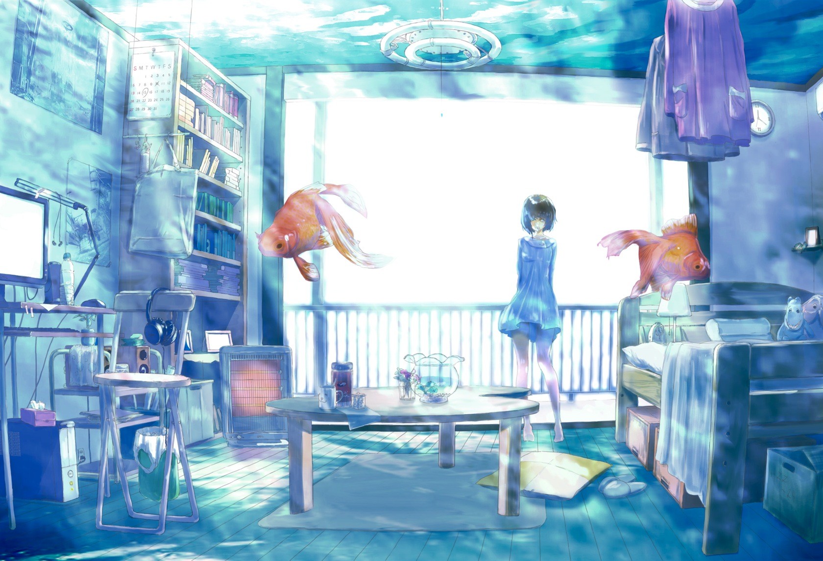 Anime room with goldfish and a girl HD Wallpaper