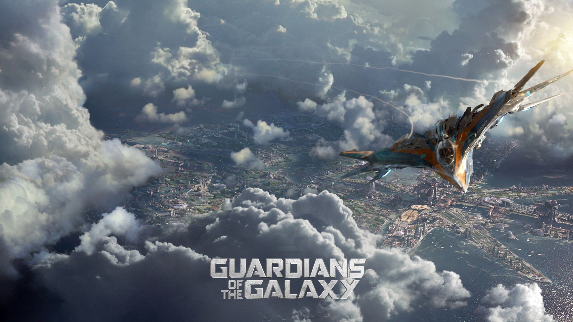 Guardians of the Galaxy spaceship flying over a city HD Wallpaper