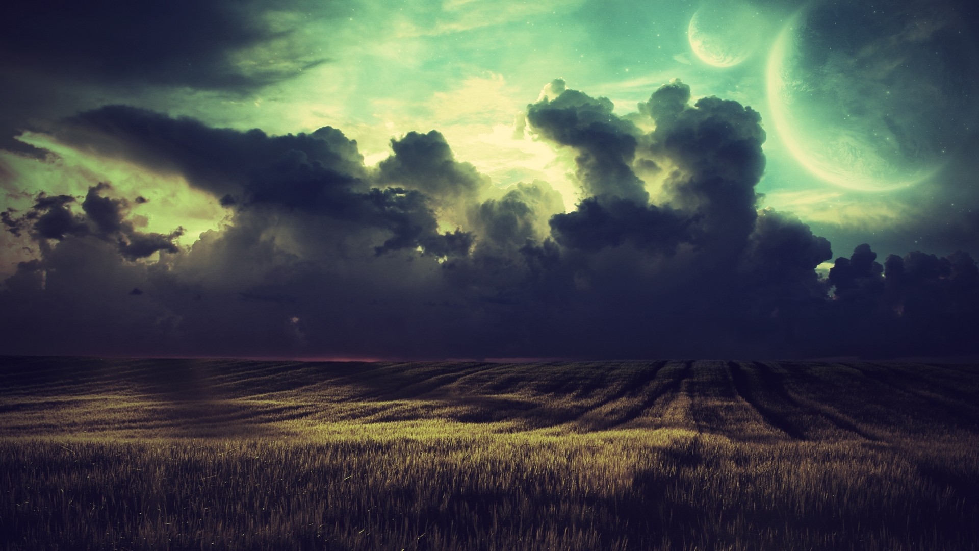 Digital art of a field under a cloudy sky with planets HD Wallpaper