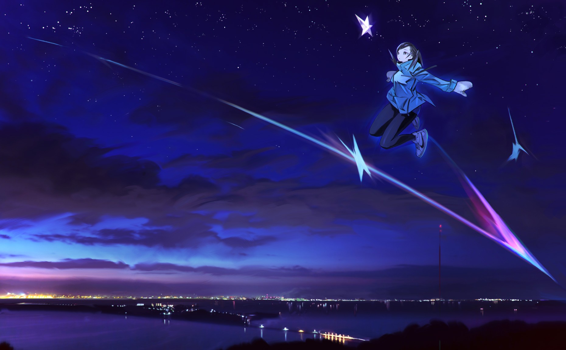 Anime girl jumping in the night sky with shooting stars HD Wallpaper