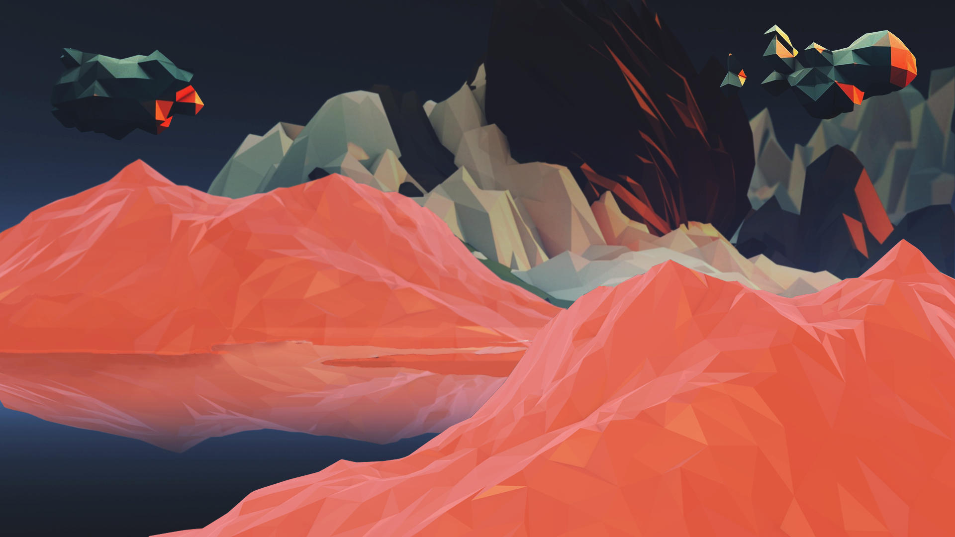 Low poly abstract landscape with floating objects HD Wallpaper