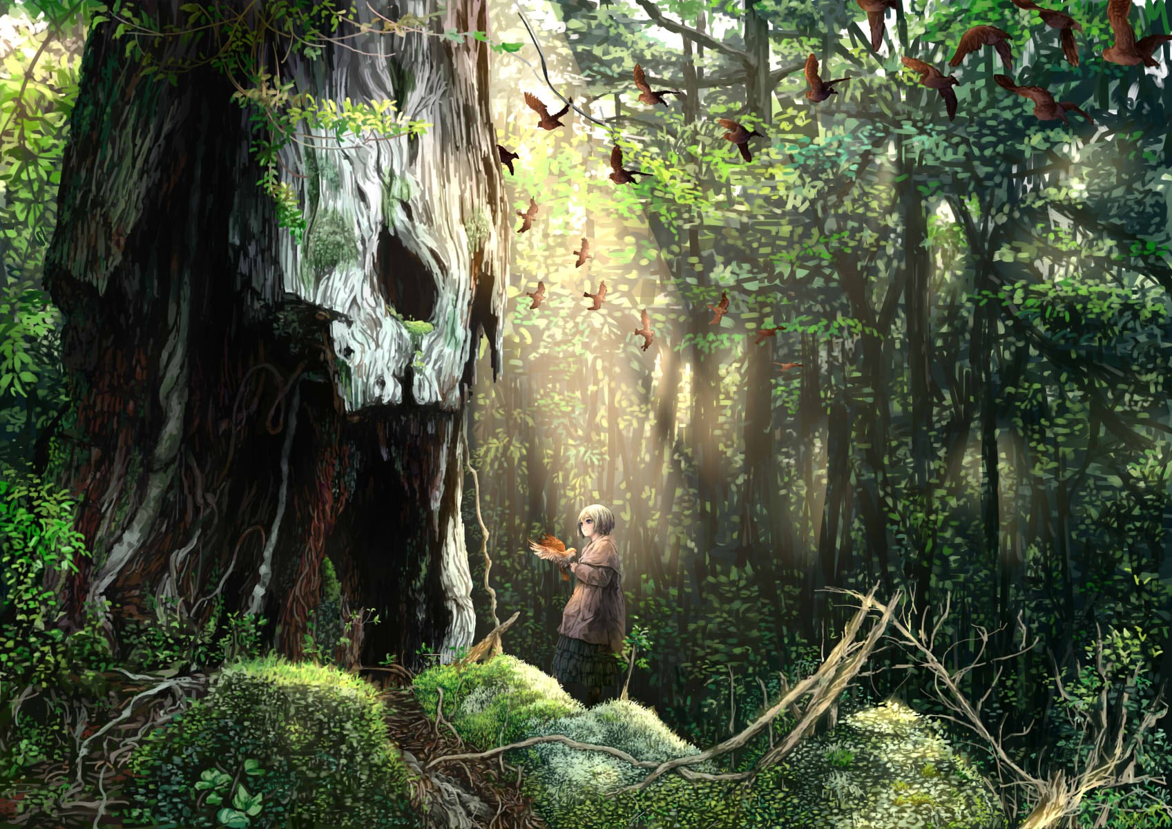 Anime girl in a forest with a skull-shaped tree and birds HD Wallpaper