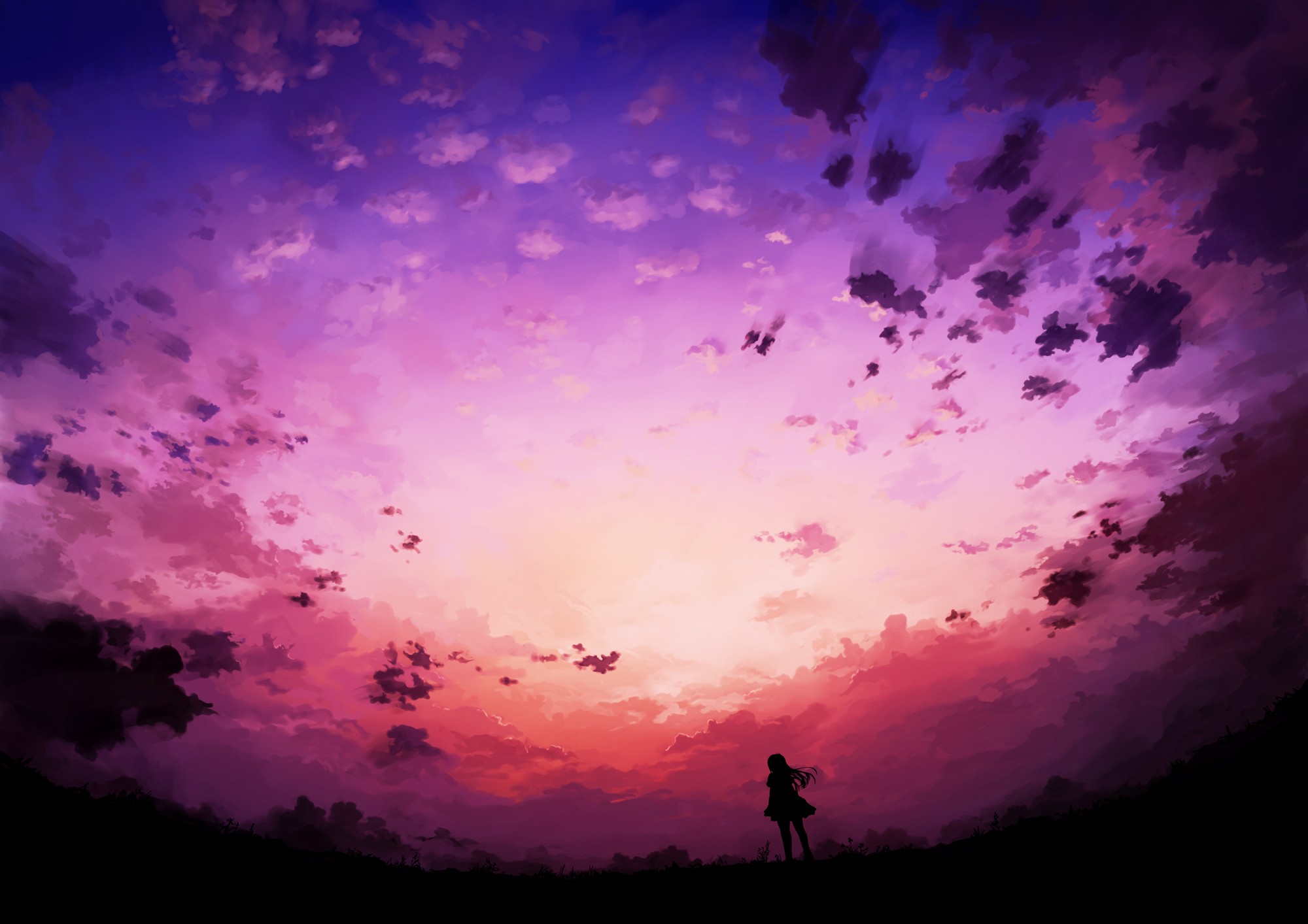 Anime girl silhouetted against a vibrant sunset sky HD Wallpaper