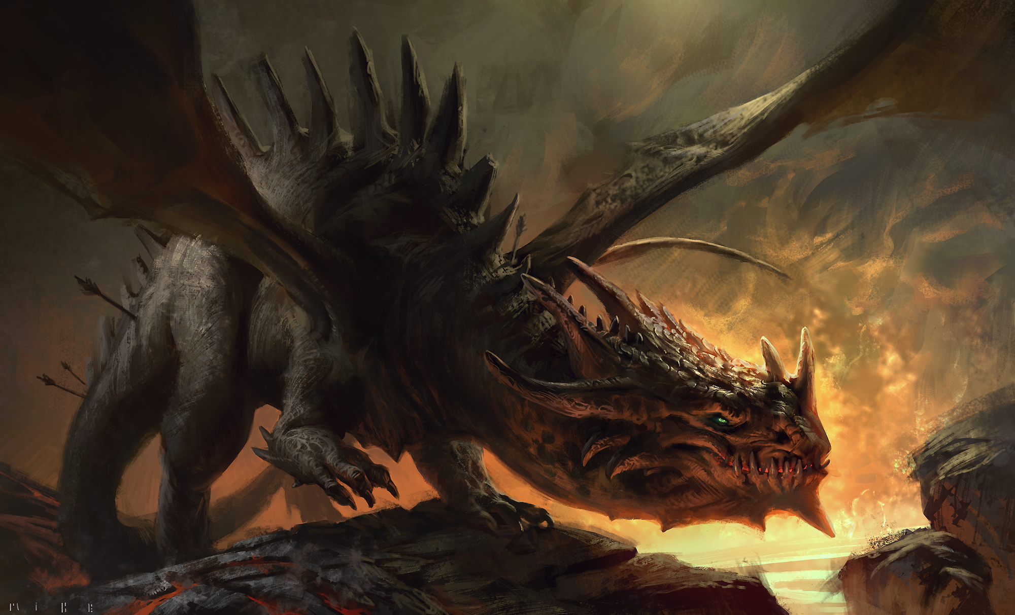 A wounded dragon in a fiery landscape HD Wallpaper
