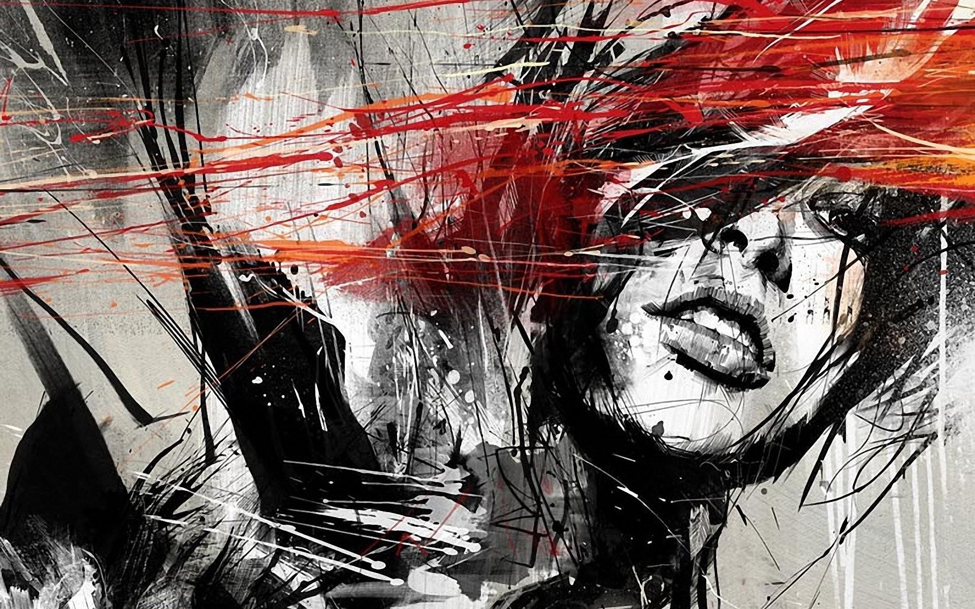 Abstract artwork of a woman's face with red streaks HD Wallpaper
