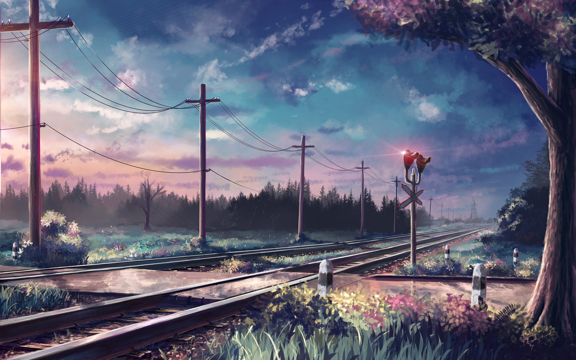 Anime railroad crossing with a red signal light HD Wallpaper