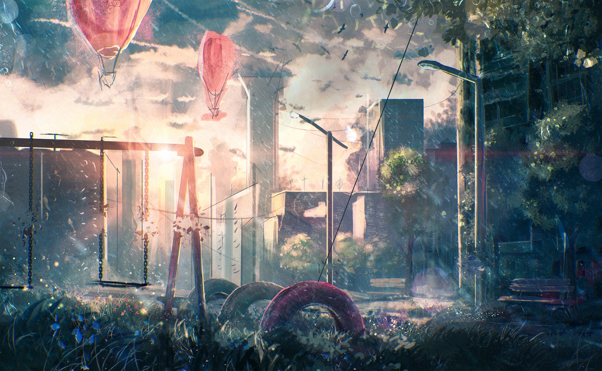 Anime hot air balloons over a playground HD Wallpaper