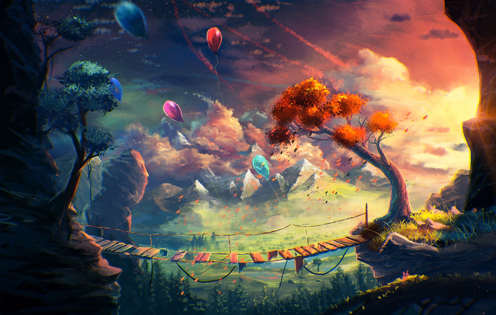 Fantasy art of a bridge with balloons and mountains HD Wallpaper