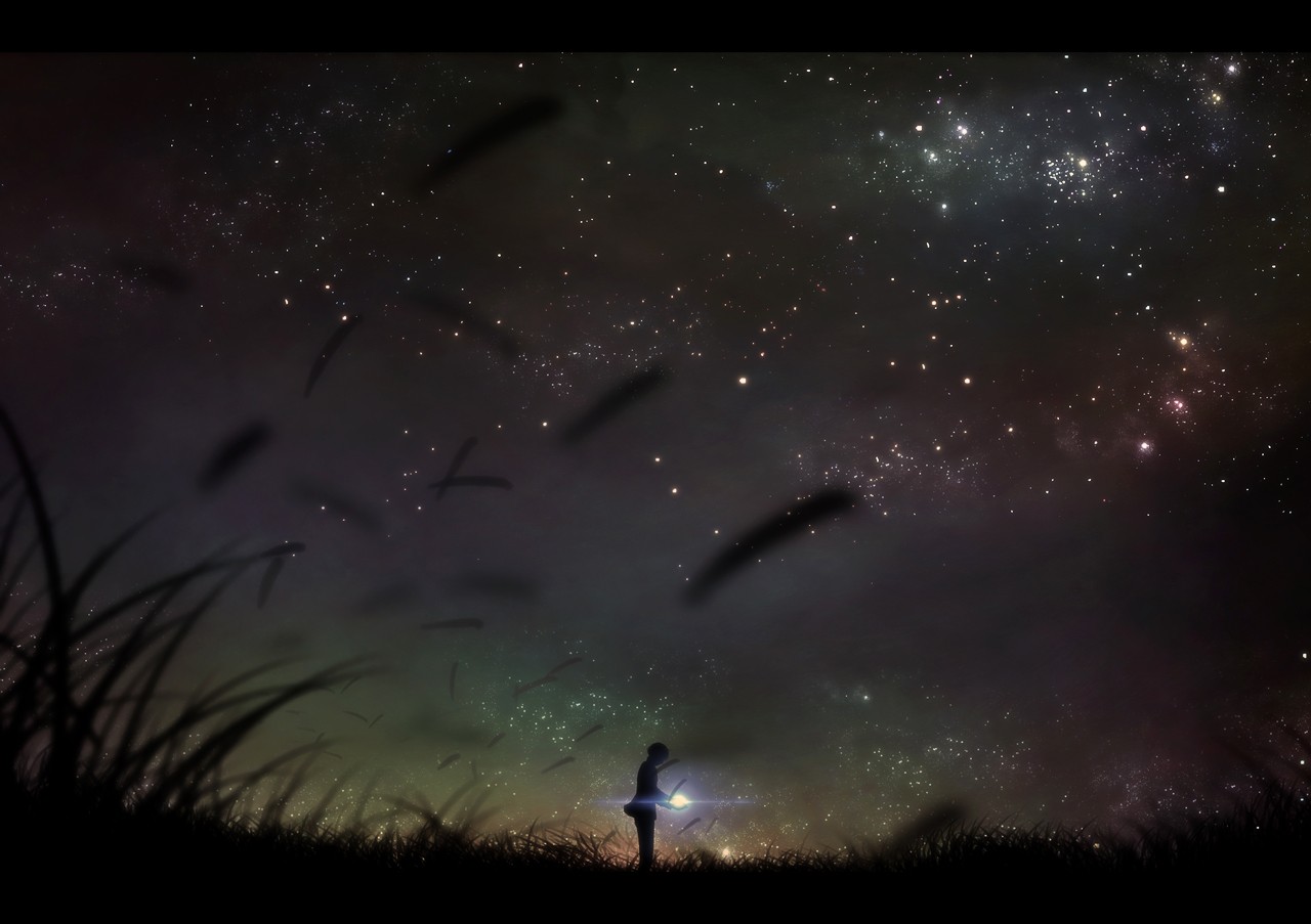 Anime silhouette holding a glowing lantern under a starry sky HD Wallpaper