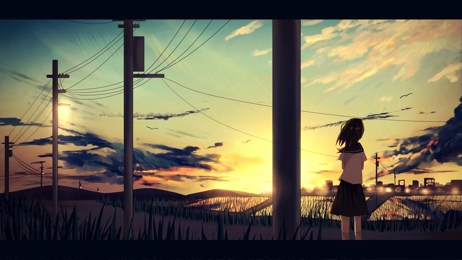 Anime girl watches sunset over fields and city HD Wallpaper