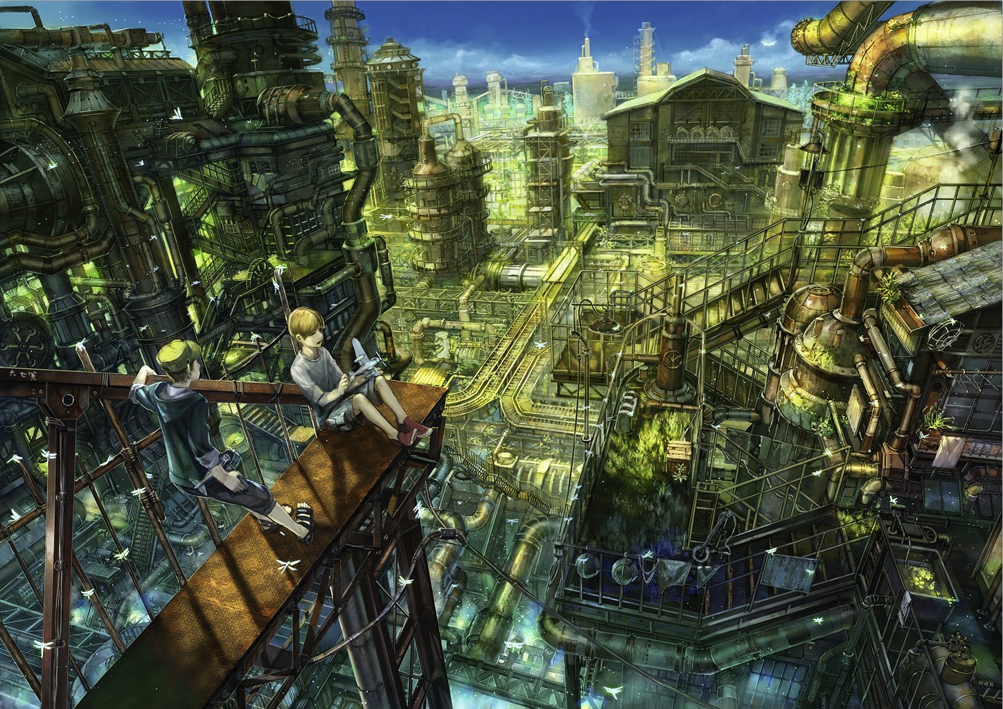 Anime industrial city with two boys HD Wallpaper