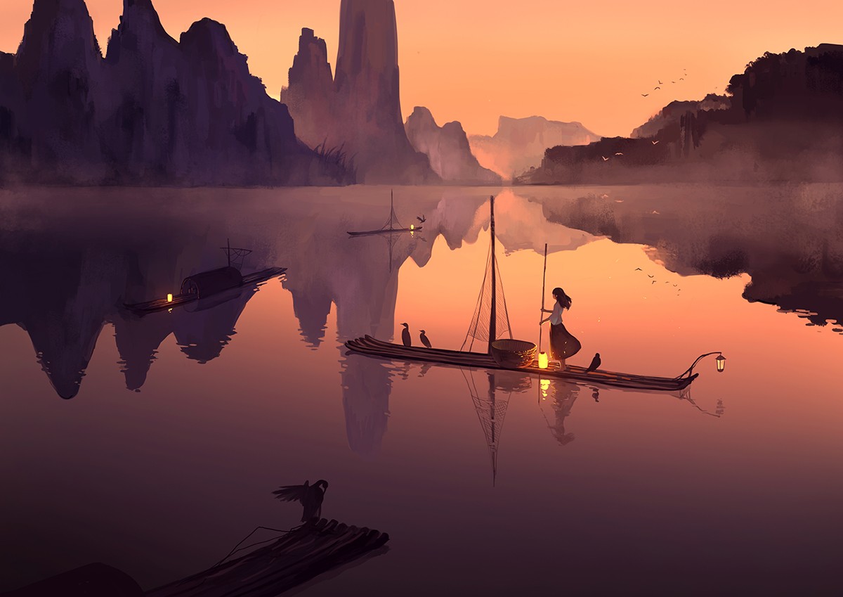 Anime girl on a boat at sunset with mountains HD Wallpaper