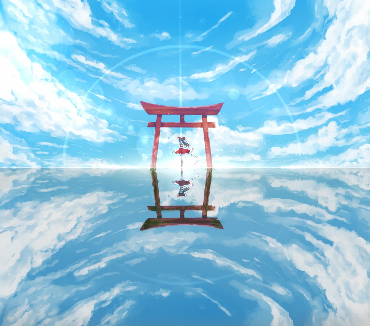 Hakurei Reimu under a Torii gate reflected in water HD Wallpaper