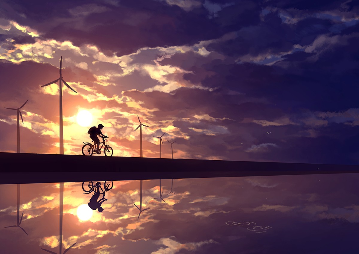 Silhouette of a cyclist with wind turbines at sunset HD Wallpaper