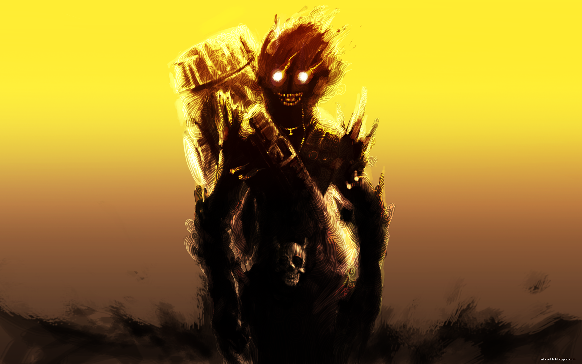 Fiery creature with glowing eyes and a skull emblem HD Wallpaper