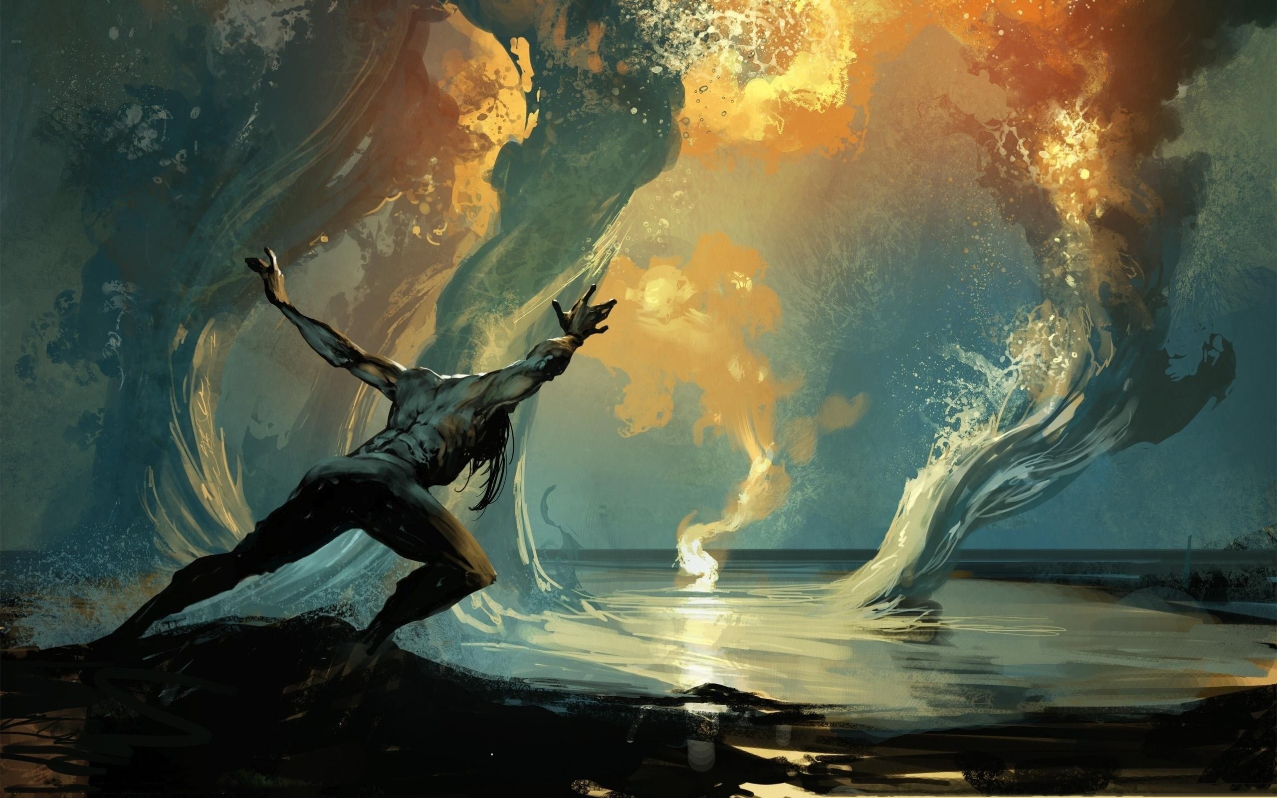 Man conjuring fire and water by Tomasz Jedruszek HD Wallpaper