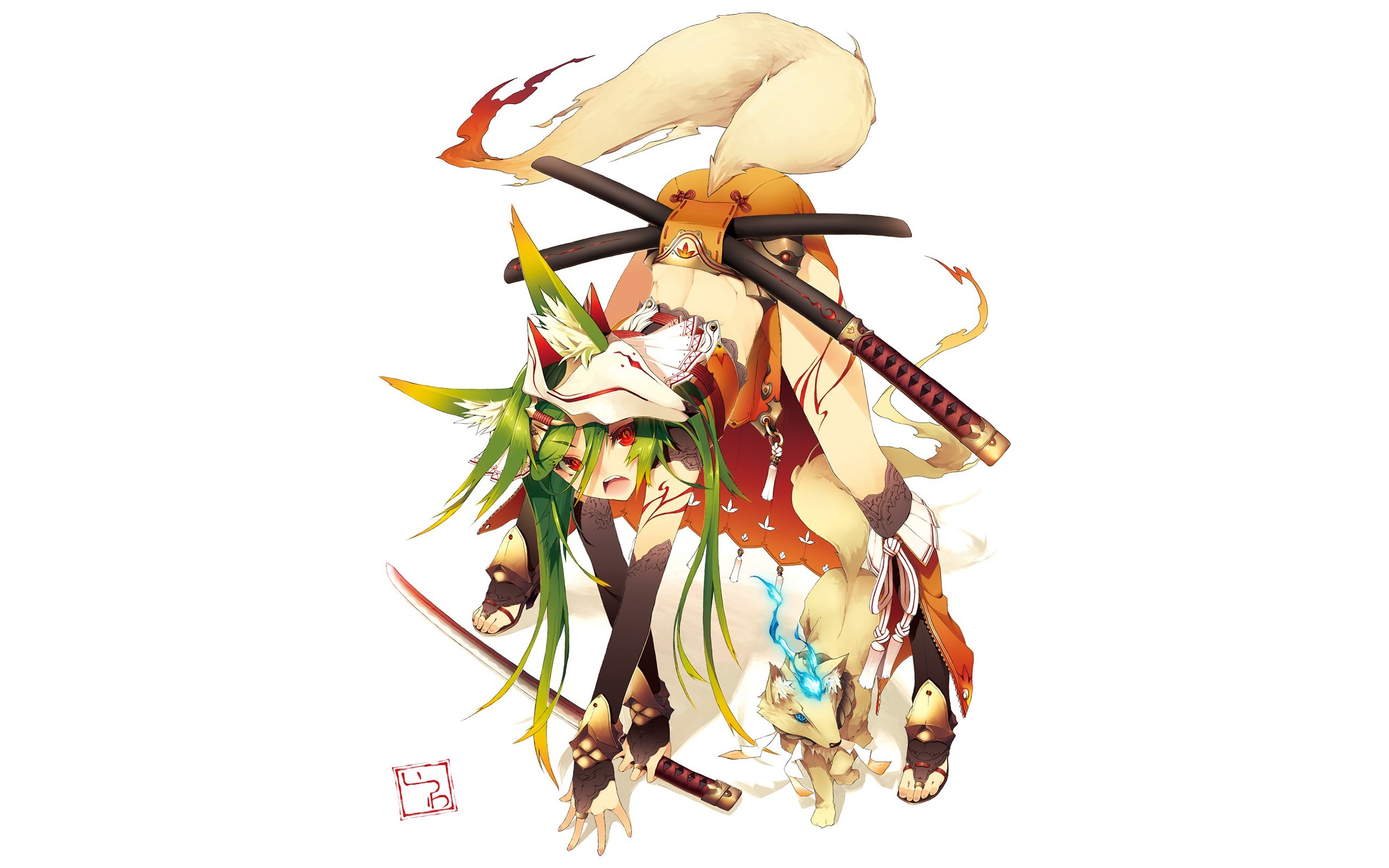 Anime girl with fox ears and tail holding swords HD Wallpaper