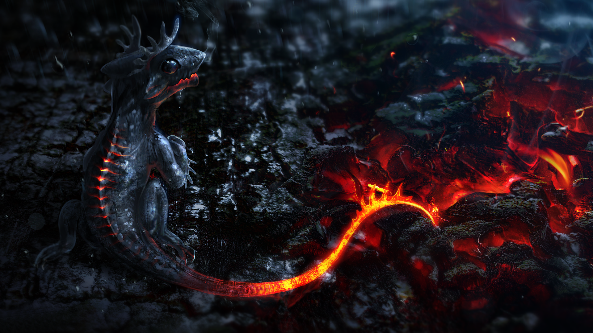 Fantasy creature with glowing spine near lava HD Wallpaper