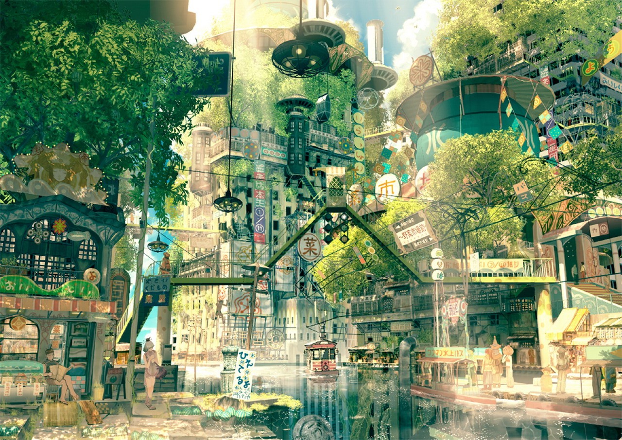 Anime cityscape with lush greenery and a canal HD Wallpaper
