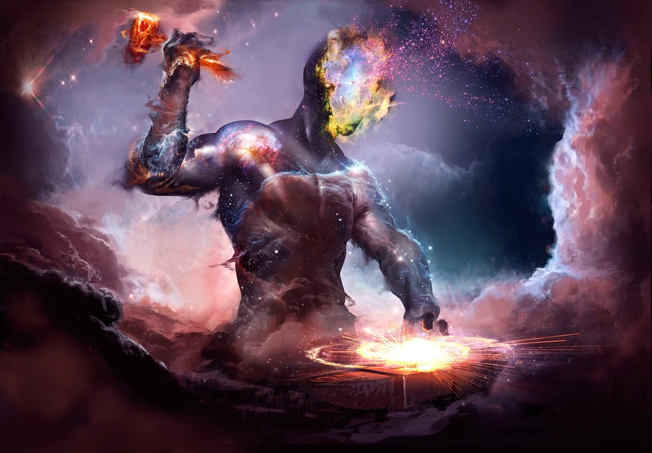 Cosmic being forging a star with a hammer HD Wallpaper
